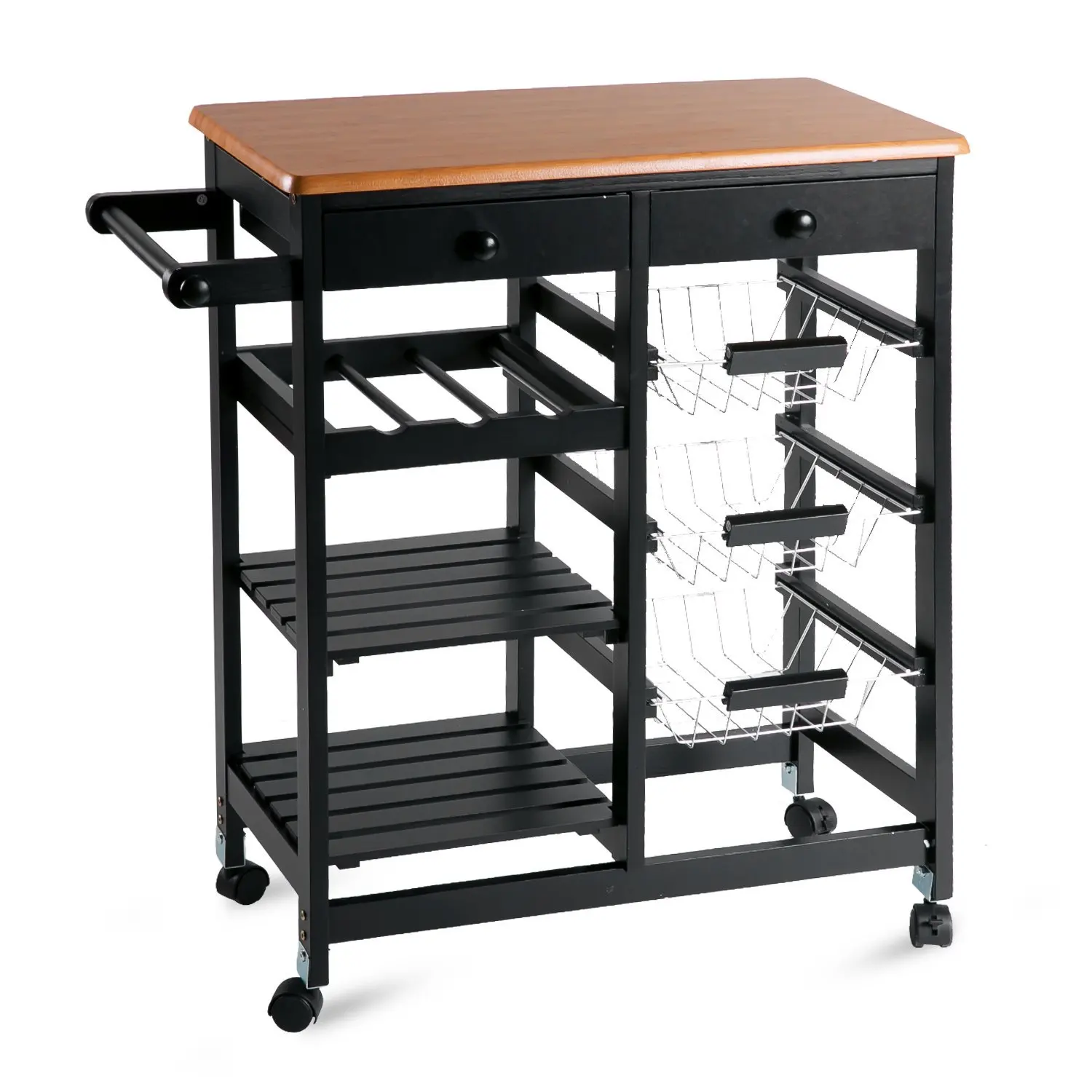 Bamboo Rolling Storage Cart Kitchen Trolley Serving Cart Wine Rack