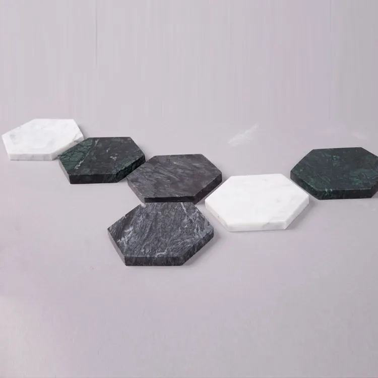 Cloudy white real marble hexagon coaster set with bamboo holder