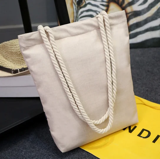Fashion Design Rope Handles Natural Cotton Canvas Tote Bags With Inside