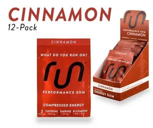 RUN GUM Cinnamon Energy Gum 50mg Caffeine Taurine & B-Vitamins Per Piece, 24 Pieces ( Pack of 12), 2 Pieces = 1 Coffee or Energy Drink, Sugar Free, Zero Calorie