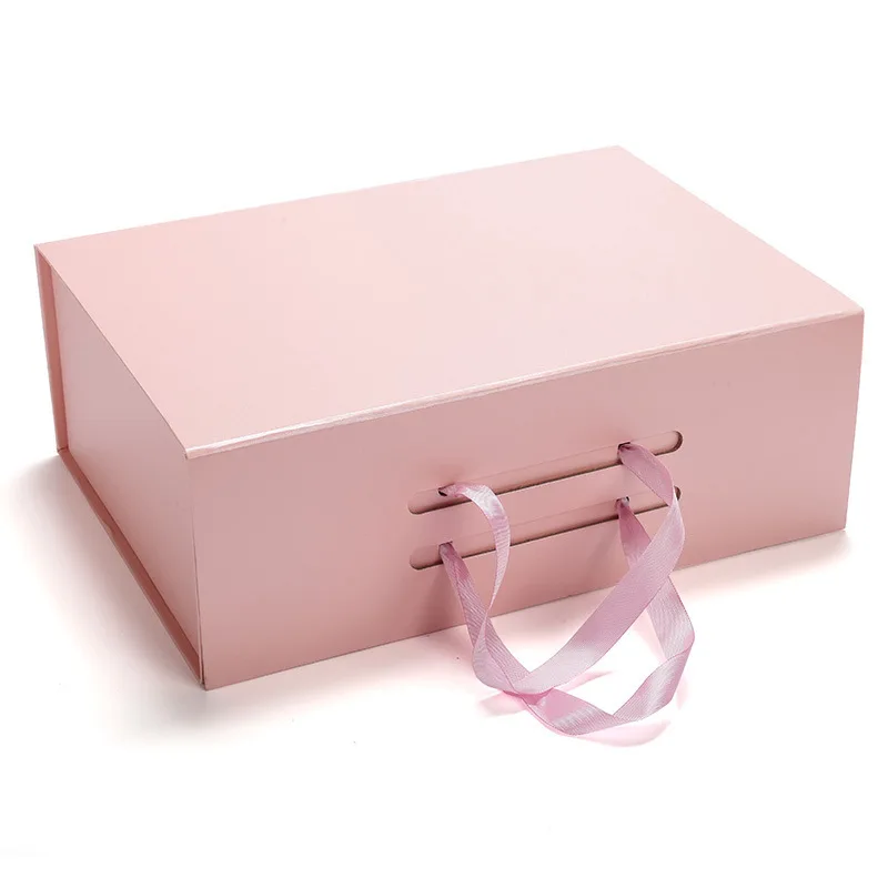 Pink Gold Hot Stamping Logo Rigid Paper Box with Clear PVC Window Ribbon Closure for Wig Hair Extension Packing