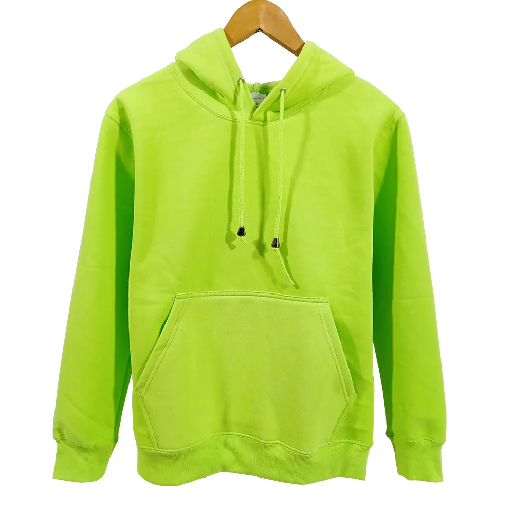 Custom katoen hoodie OEM Neon Groene Vlakte Mannen Basic Franse Badstof Hoodie Met Custom Logo