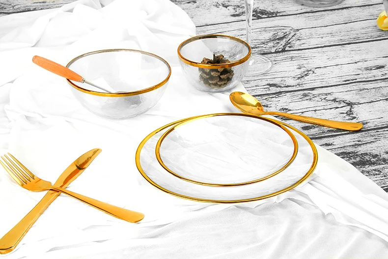 Clear Glass Charger Plates Wholesale Gold Silver Rimmded Serving Plates Bowl Set For Wedding