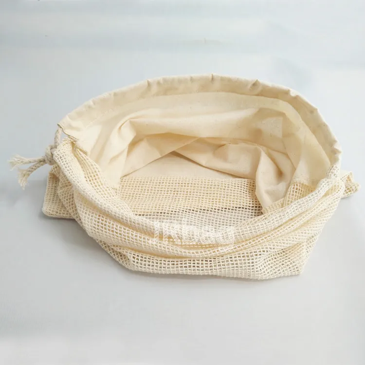 Half Cotton Mesh Drawstring Produce Bag Pouch 100% Cotton 1 Side Cotton Cord with Adjustable Buckle Eco-friendly and Reusable