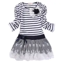 Hot Sale New Autumn Children Wedding Dress Baby Girls Dresses Kids Striped Bow Long-Sleeved Lace Princess Casual Dress For Party