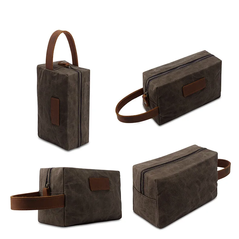 Travel waterproof men toiletry leather outdoor waxed canvas cosmetic zipper bags designer (5)