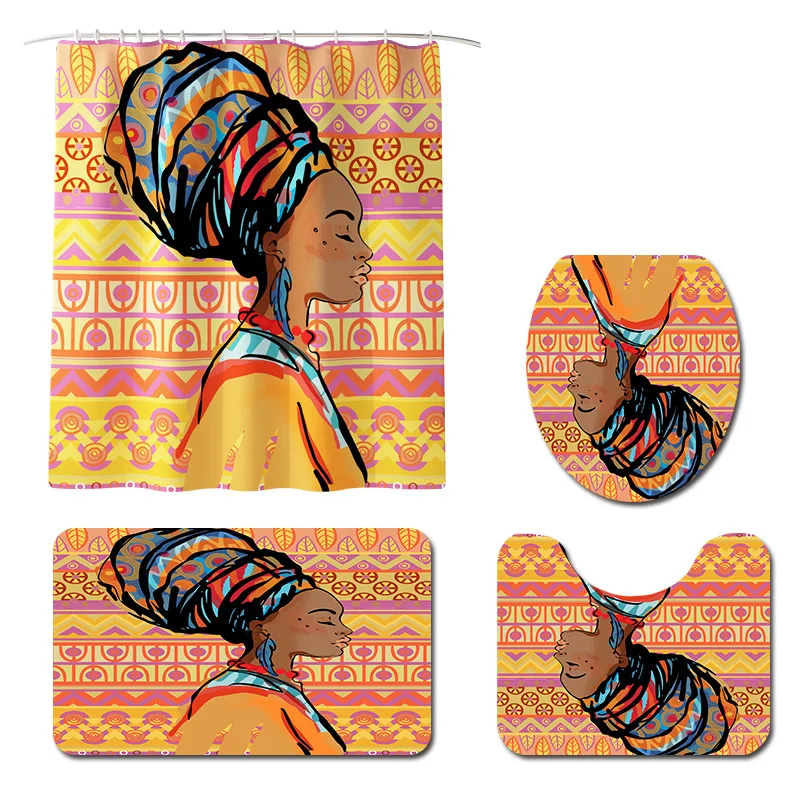 African Women Printing Toilet Pad Cover Bath Mat Set  Four-Piece Shower Curtain