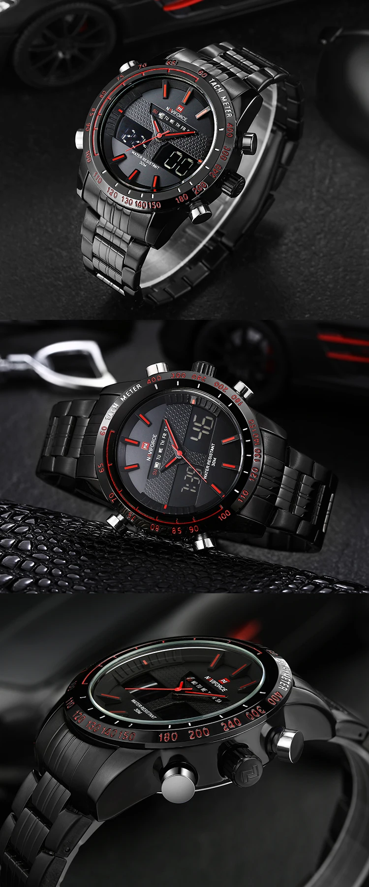 Brand Watch NAVIFORCE 9024 Top luxury 2 time zone digital quartz clock full steel 8 colors waterproof sports military led watch
