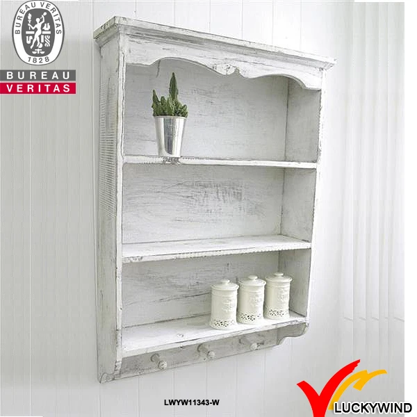 White Antique Distressed Wooden Bedroom Wall Shelf With Hooks White Antique Distressed Wooden Bedroom Wall Shelf With Hooks