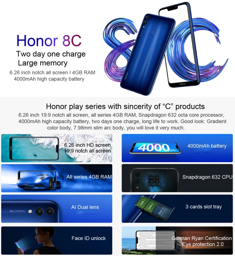 2019 Newest Arrival Smart Phone Huawei Honor 8C, Dual 4G, 4GB+32GB, Dual AI Back Cameras Huawei Android Mobile Phone