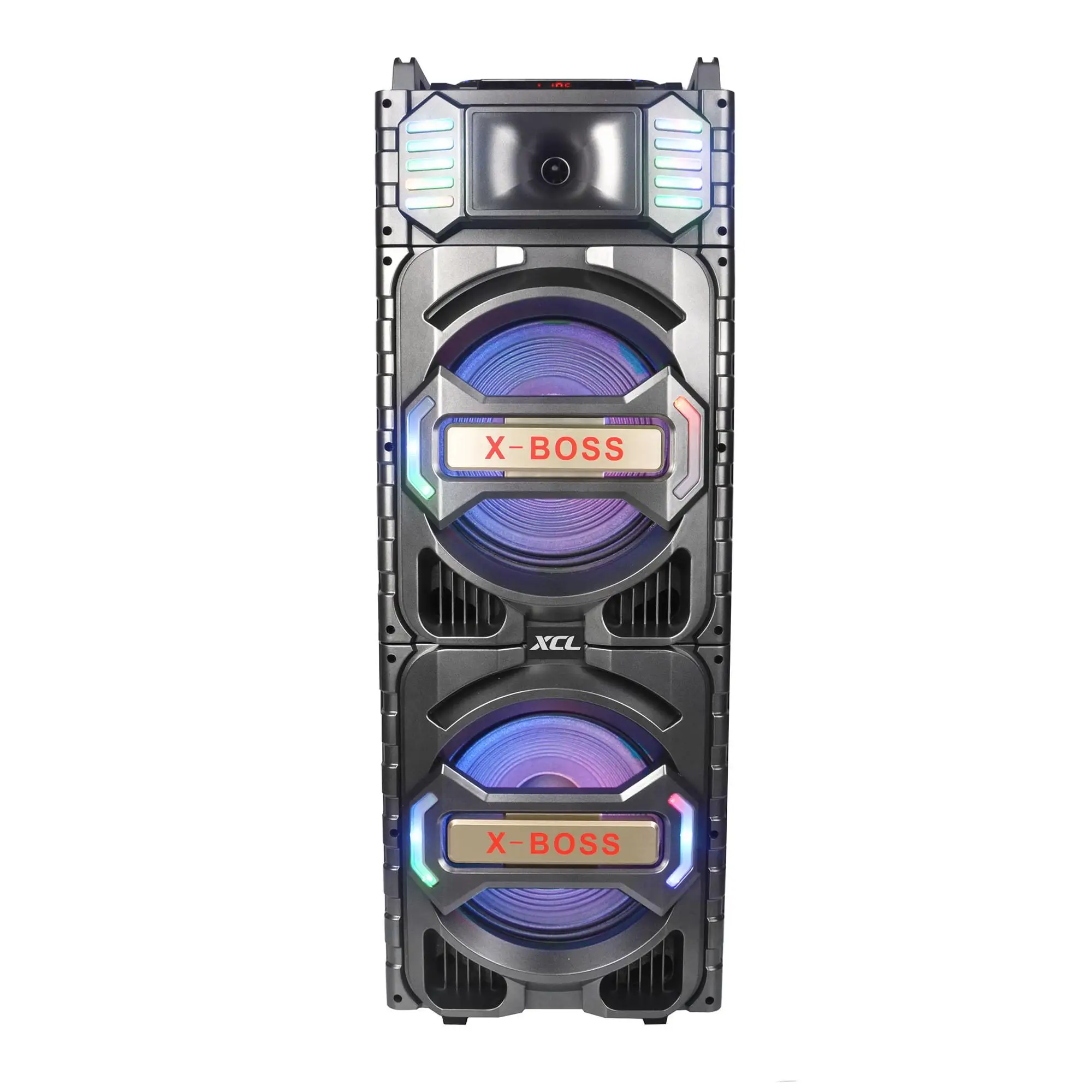 Dual 15 Inch Stage Trolley Speaker Box Withbt Usb Fm Radio Aux Mic