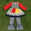 Red ruffle satin tops chevron pants girl outfit 2pcs set children suit kids clothes for sale