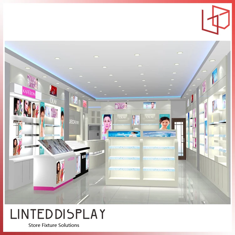 Modern Cosmetic Fixtures Display With Makeup Wood Rack Display Stand