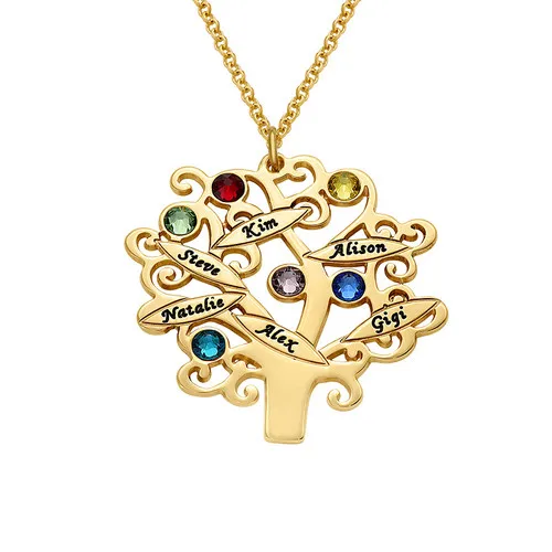 Custom Design Name Commemorate Gold Plated Family Tree Necklace with Birthstones