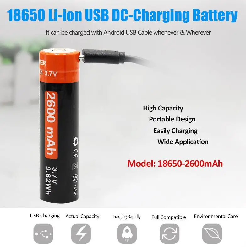 Rechargeable 3.7v 2600mah 18650 Liion Usb Dccharging Battery For