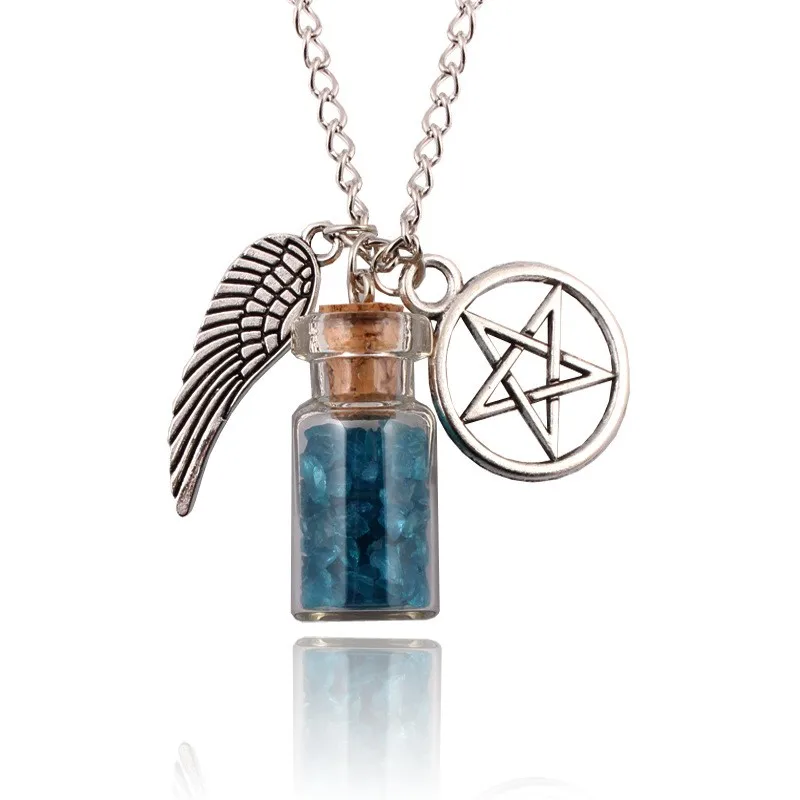 Hot Supernatural Protection Necklace Wing Pentagram Salt /& Burn Bottle Pendant