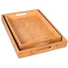 Wholesale Set of 2 custom rectangle bamboo wooden food serving tray with handles