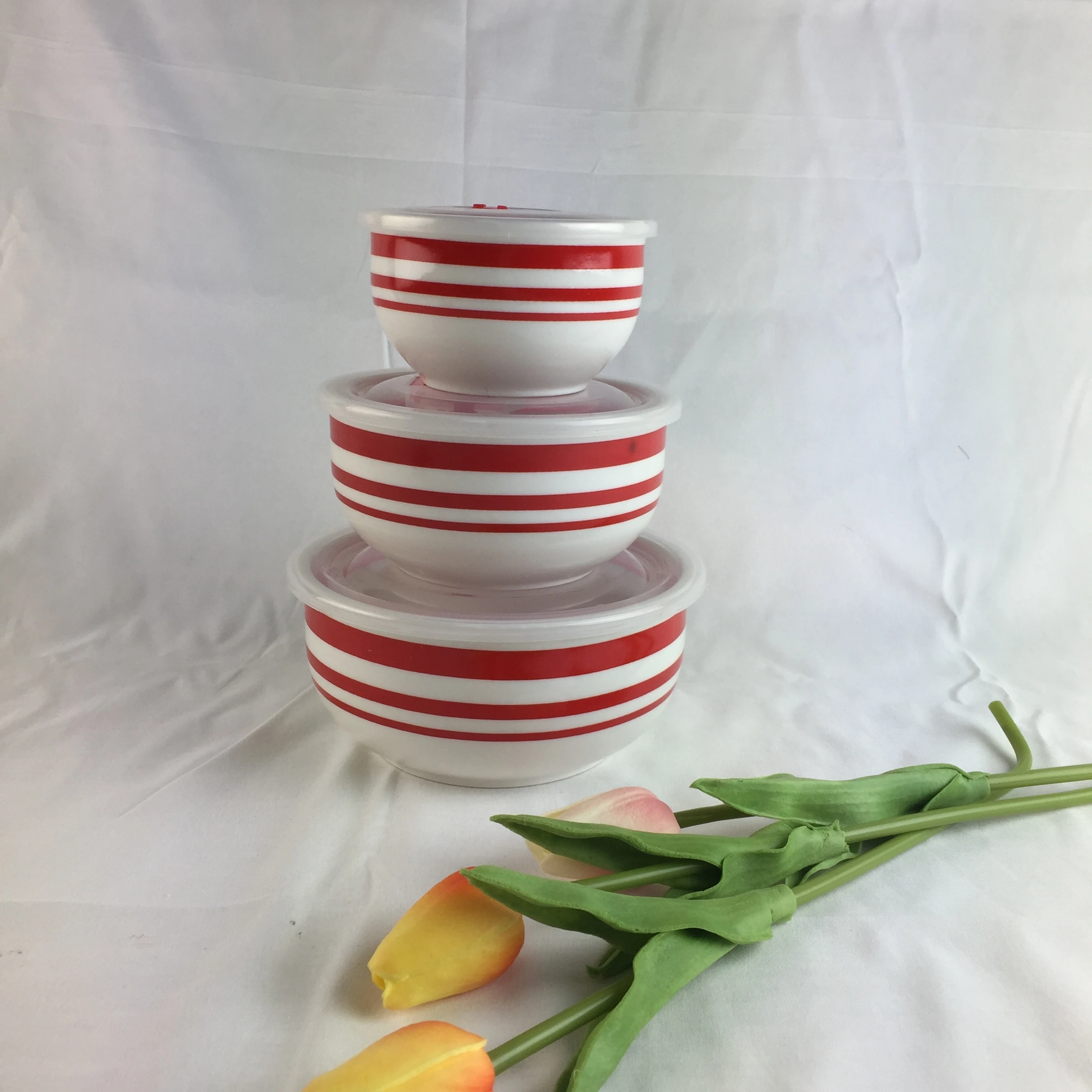 3 Piece Ceramic Bowl Set With Lid Soup Bowl With Plastic Lid Decal