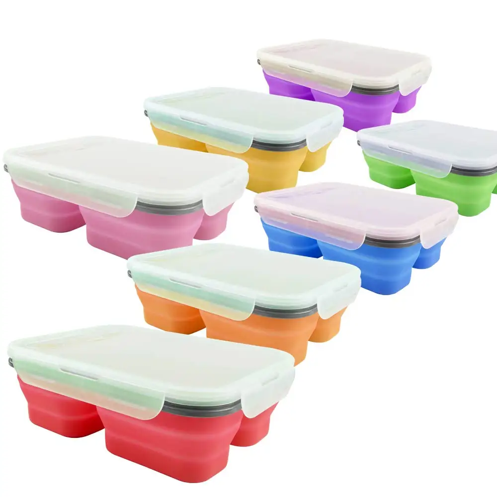Expandable Silicone Foldable Lunch Box Bpa Free 3 Compartments Large