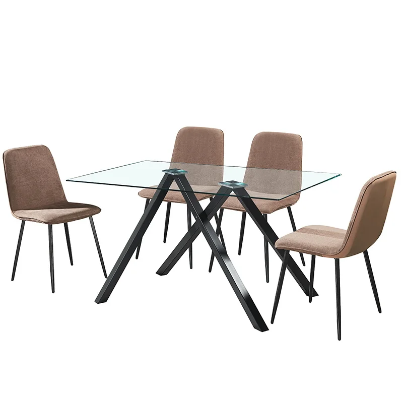 New Design 10mm Glass Top Dining Room Table And Fabric Chairs For Sale