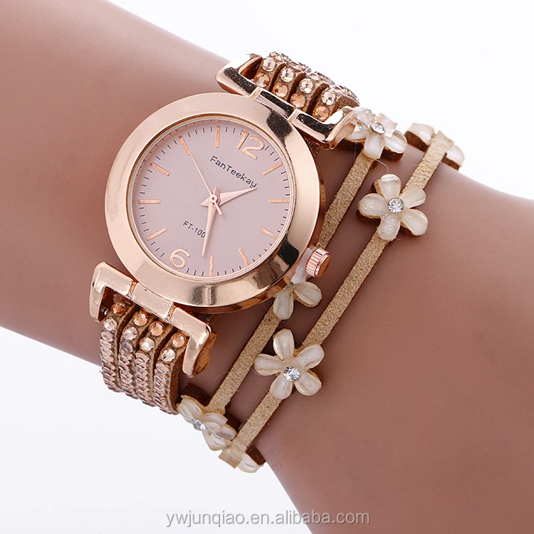 Hot Sale Fashion Diamond Leather Quartz Flower Ladies Fancy Wrist