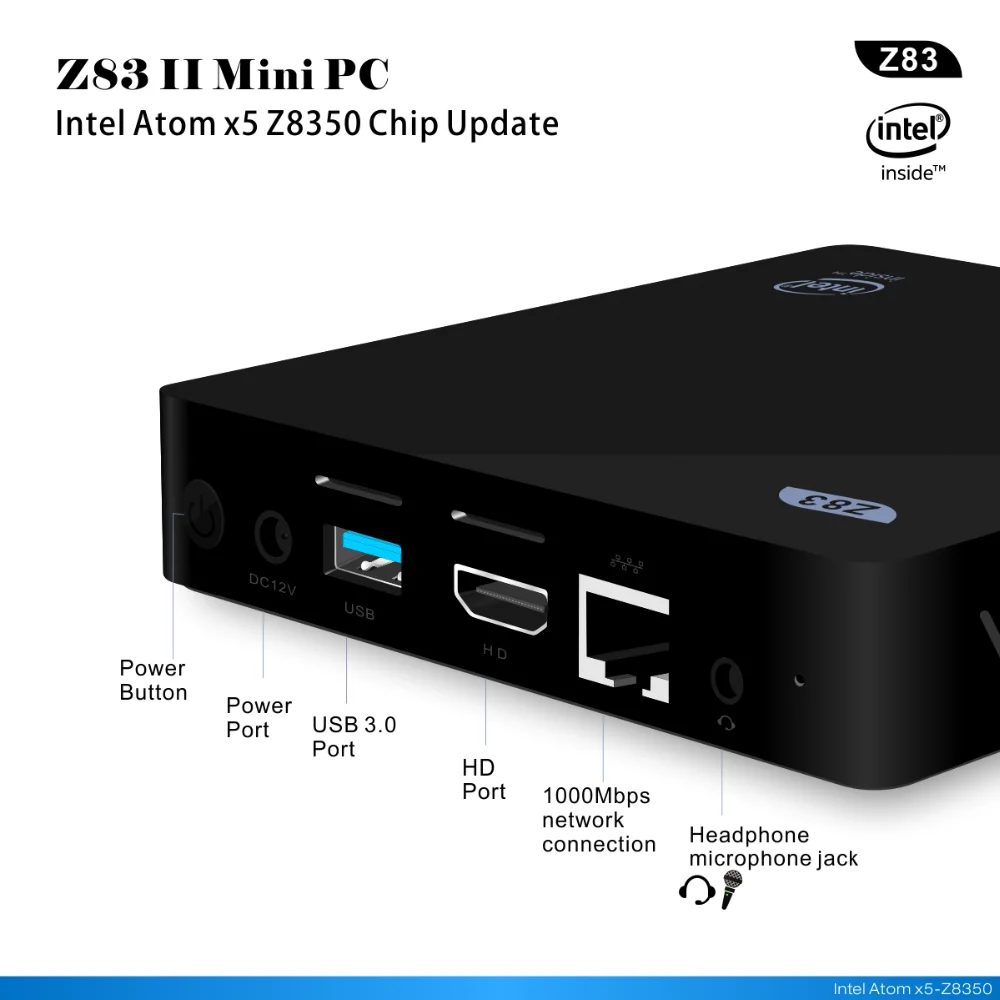 Z83II Mini PC Intel Atom X5-Z8350 Windows 10 12V/1.5A 5G WiFi Quad Core 2GB+32GB 