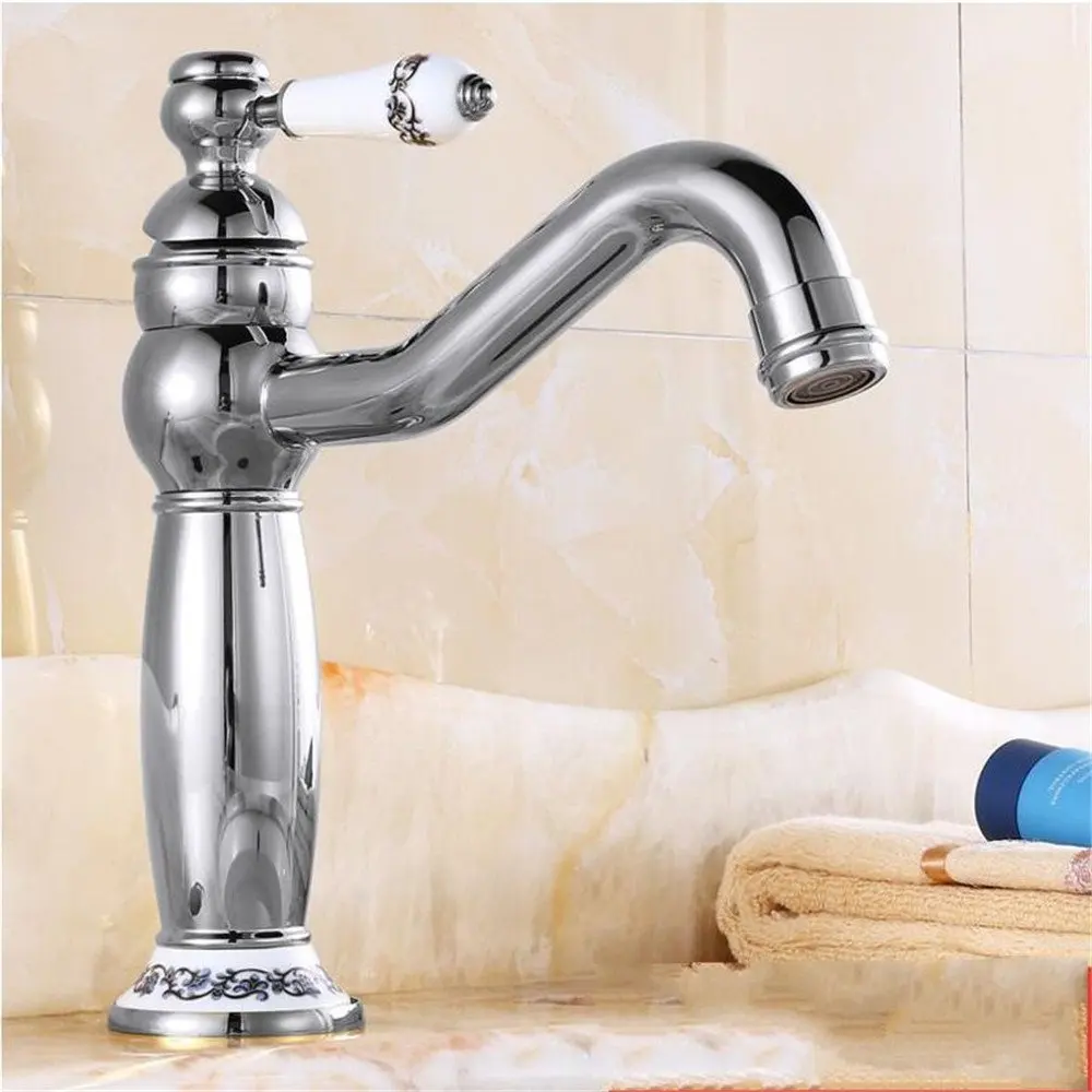 FHLYCF Basin faucet, full copper retro golden basin head, rose golden blue and white porcelain, hot and cold turntable basin pot chrome water faucet,T