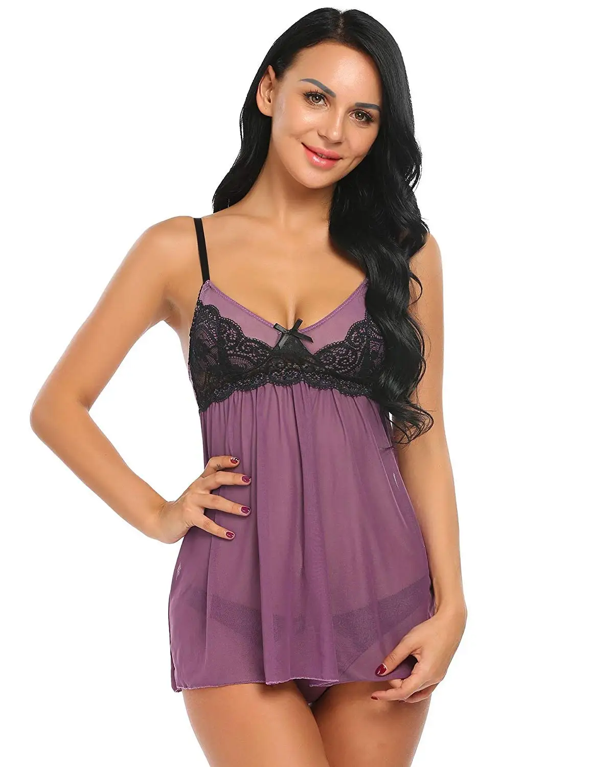 Aimado Women Babydoll Lingerie Sexy Sleepwear Lace Chemises with G-string S-XXL
