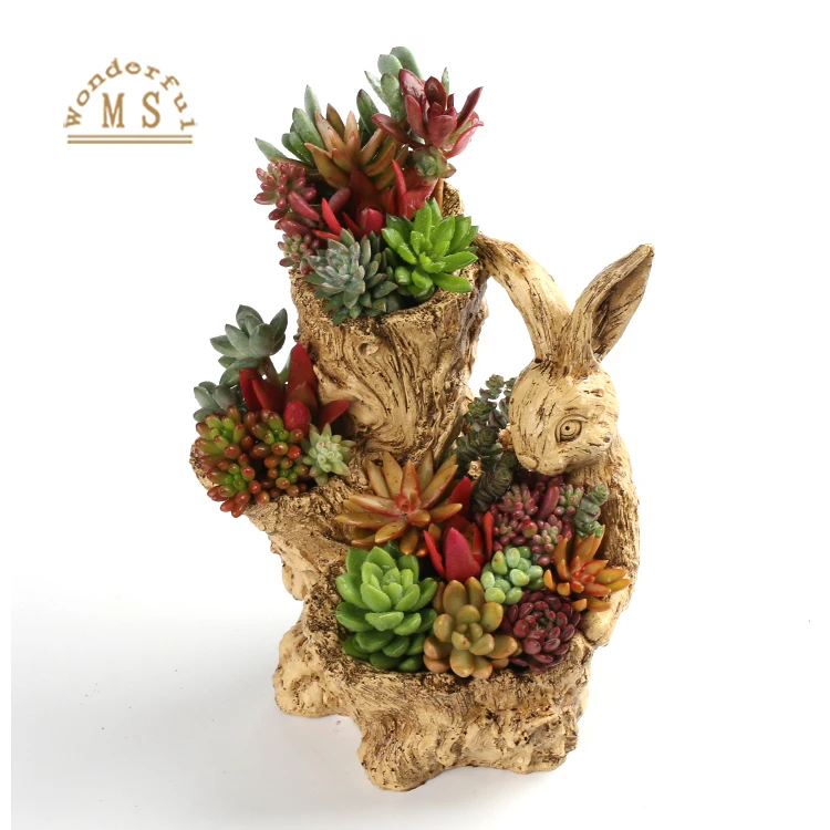 Resin Antique tree root style rabbit bunny succulent planter,indoor planter pot,garden decoration flower pots for plant