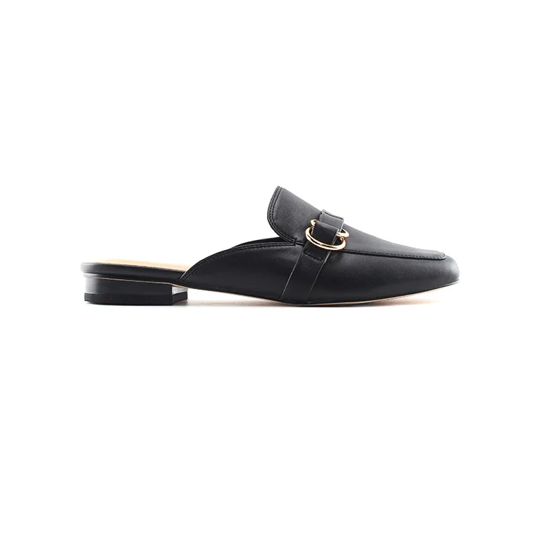 black leather slip on mules