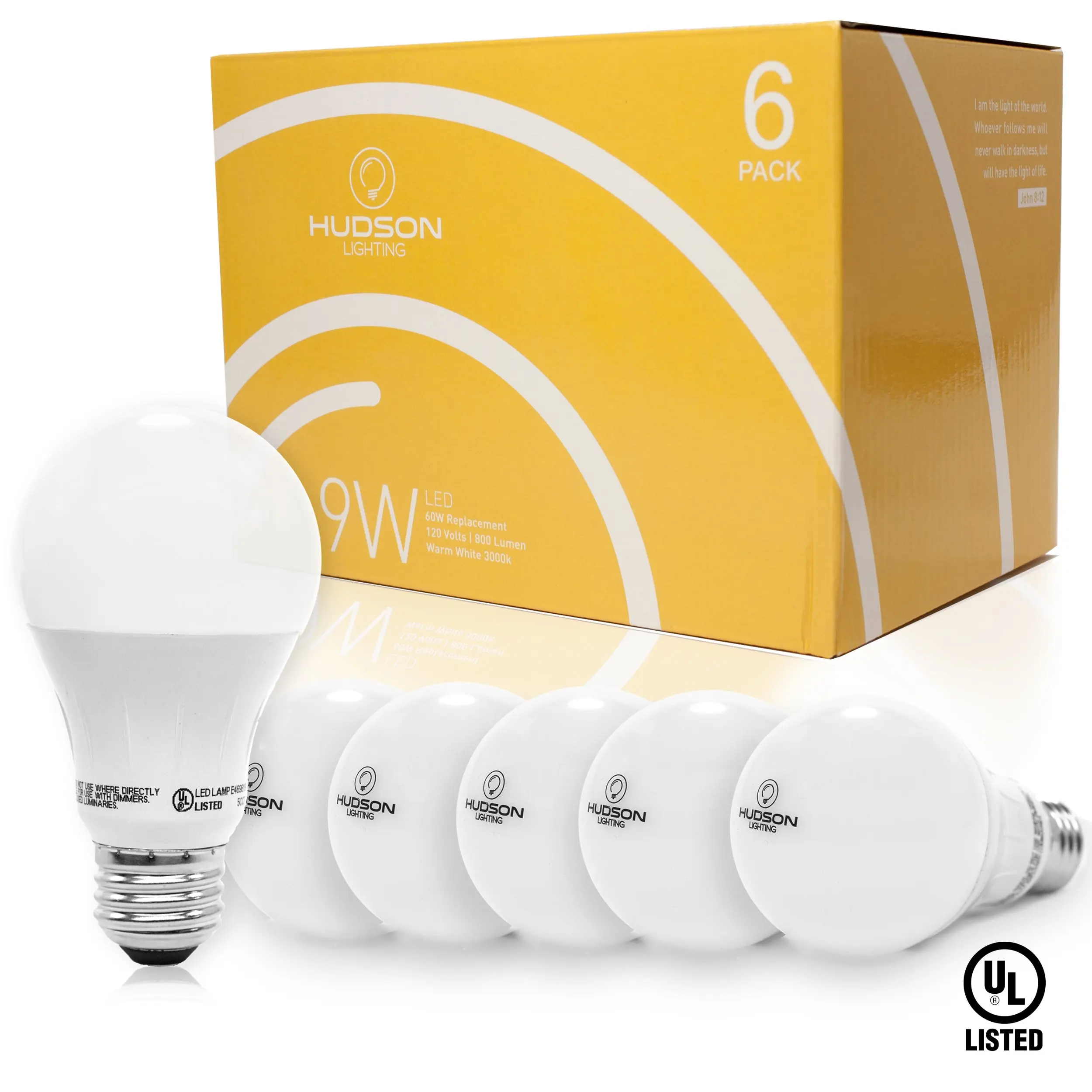 Hudson Lighting LED Light Bulbs- UL Listed- 60 Watt Equivalent - A19 - 800 Lumens - Warm White 3000k - 9 Watt - Indoor and outdoor - 6 Pack