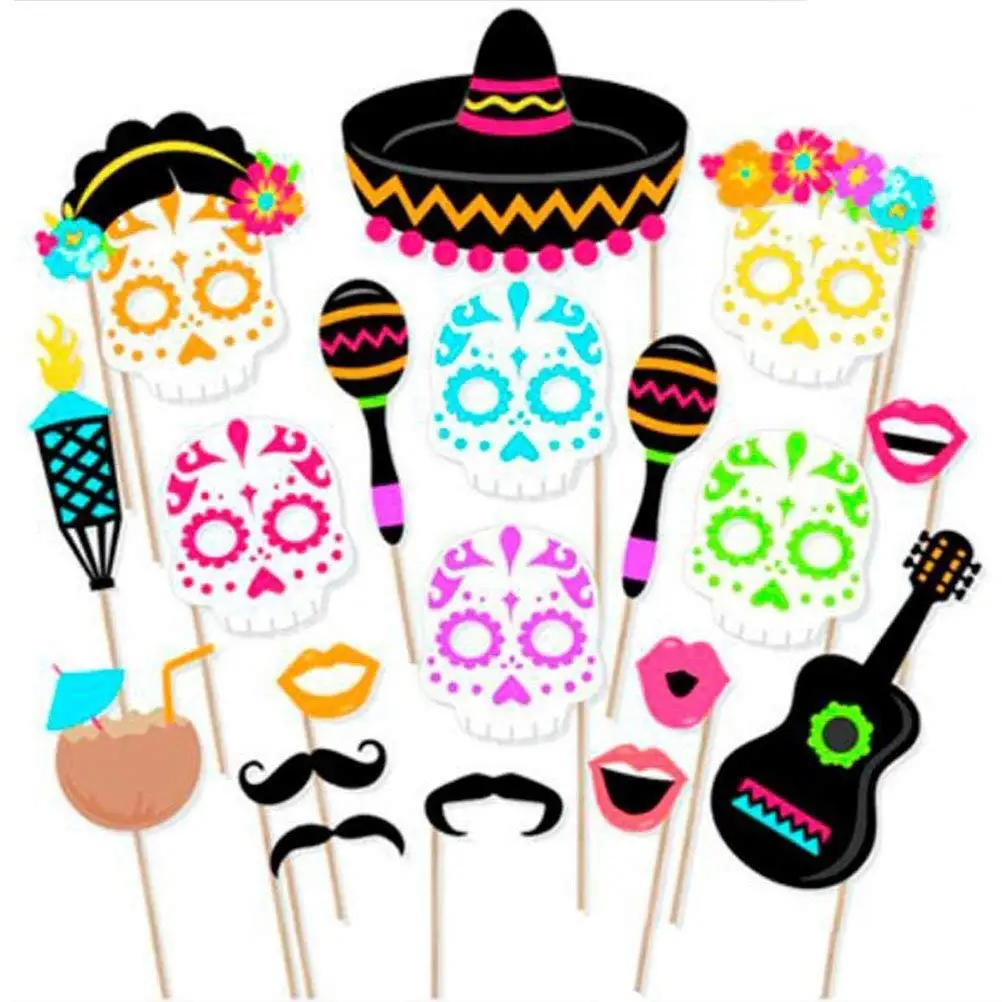 LUOEM Hawaiian Photo Booth Props Cinco de Mayo Party Props Mexico Fiesta Party Supplies Day of The Dead Luau Party Supplies 21PCS
