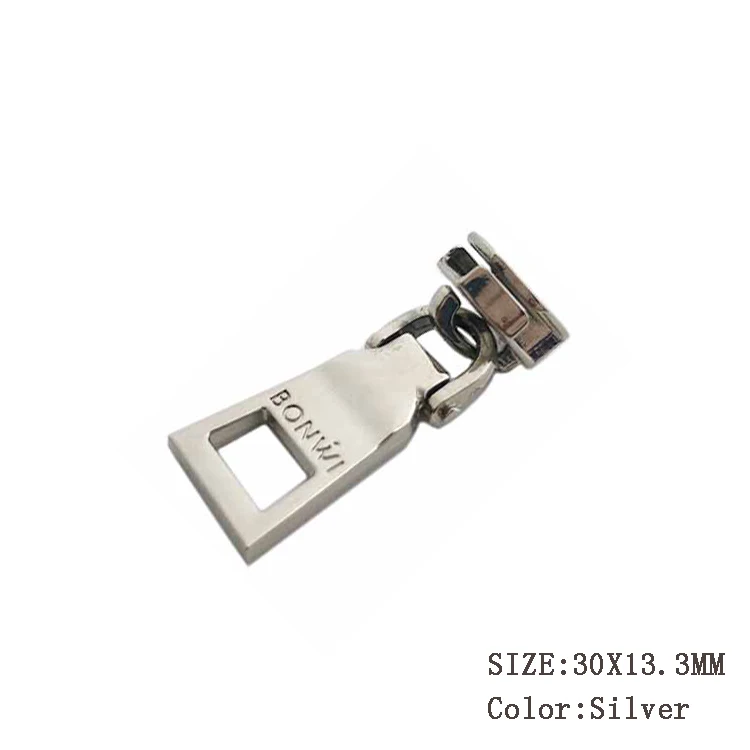 Fashion embossed silver brand logo custom designer double metal zipper puller head with slider for garment