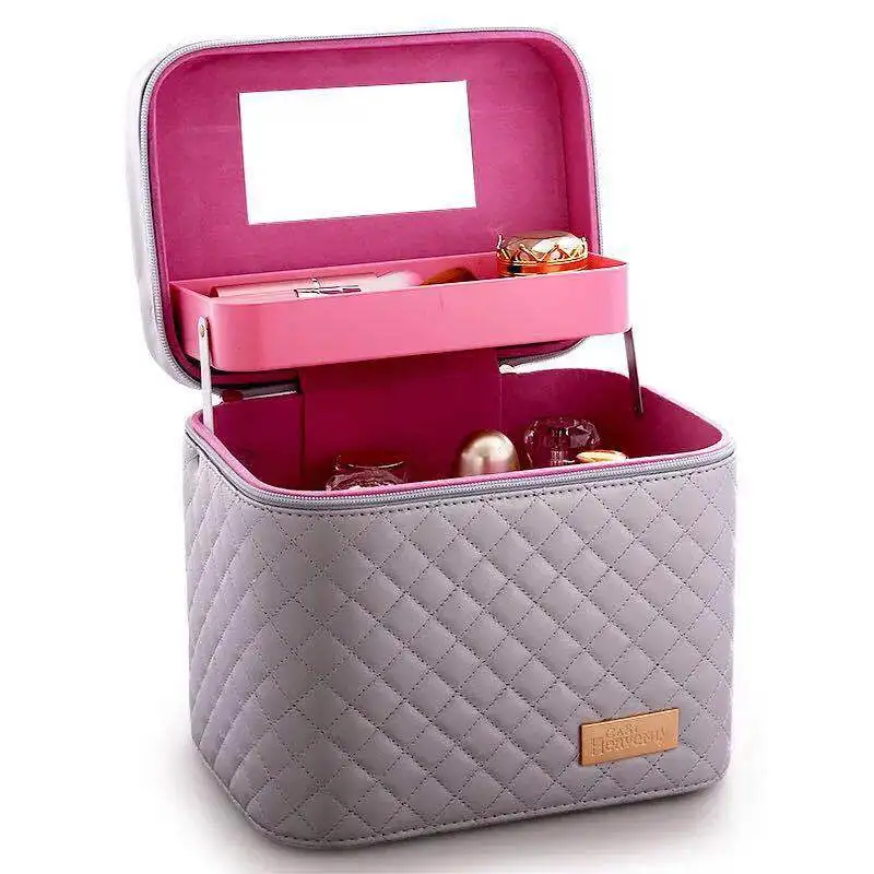 时尚女士防水便携式拉链化妆盒女士 pu 化妆盒与镜子