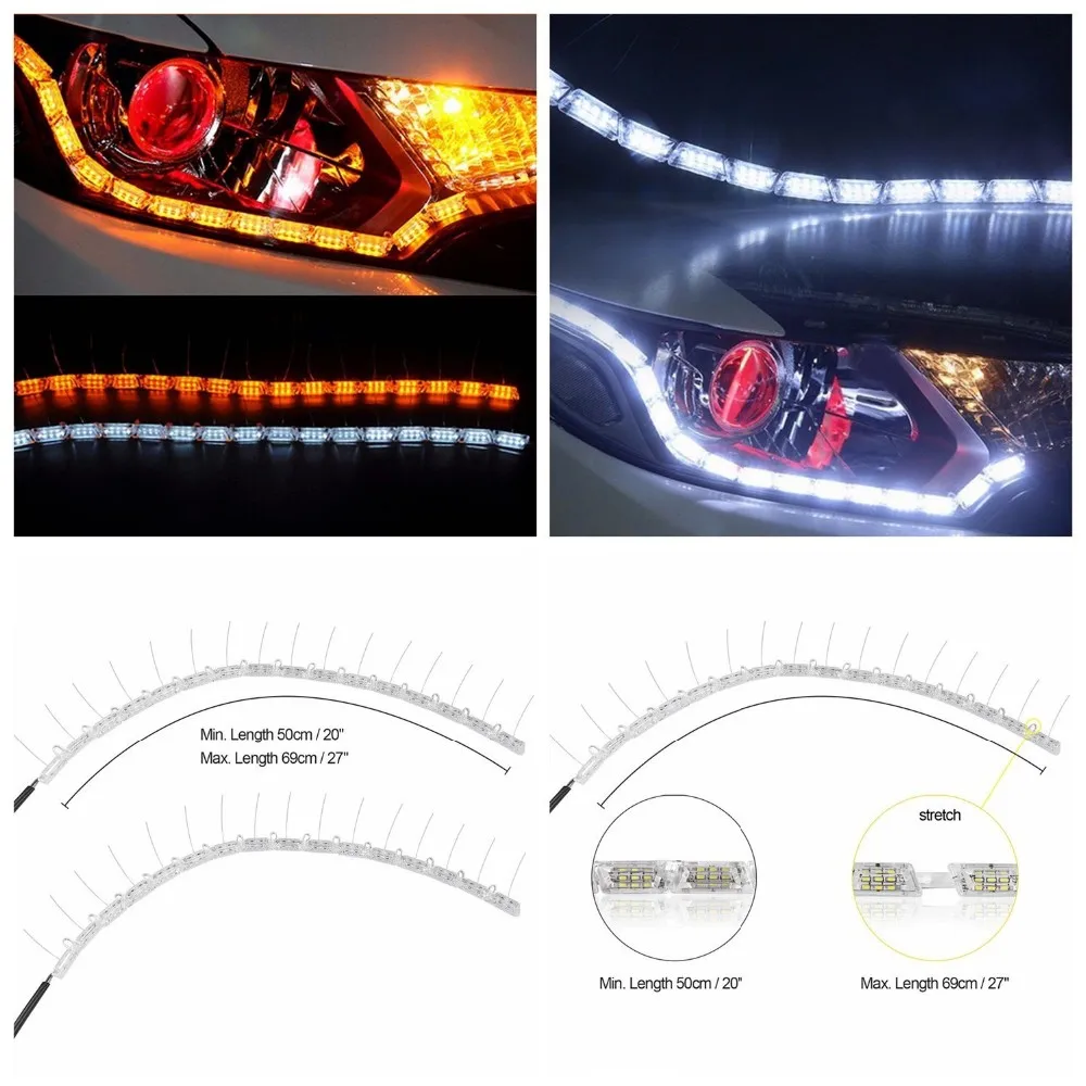Car Led Strip Lights Headlight 50cm69cm Flexible Cob Led Drl White