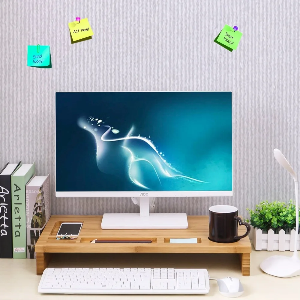 Bamboo Monitor Stand Wood Computer Desktop Riser Shelf Organizer