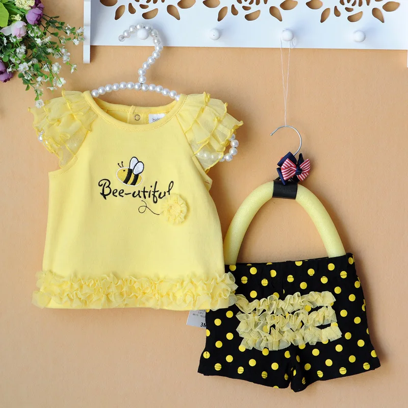2015 Summer newborn baby clothing sets lace bees floral baby girl clothes 2pcs set kids T