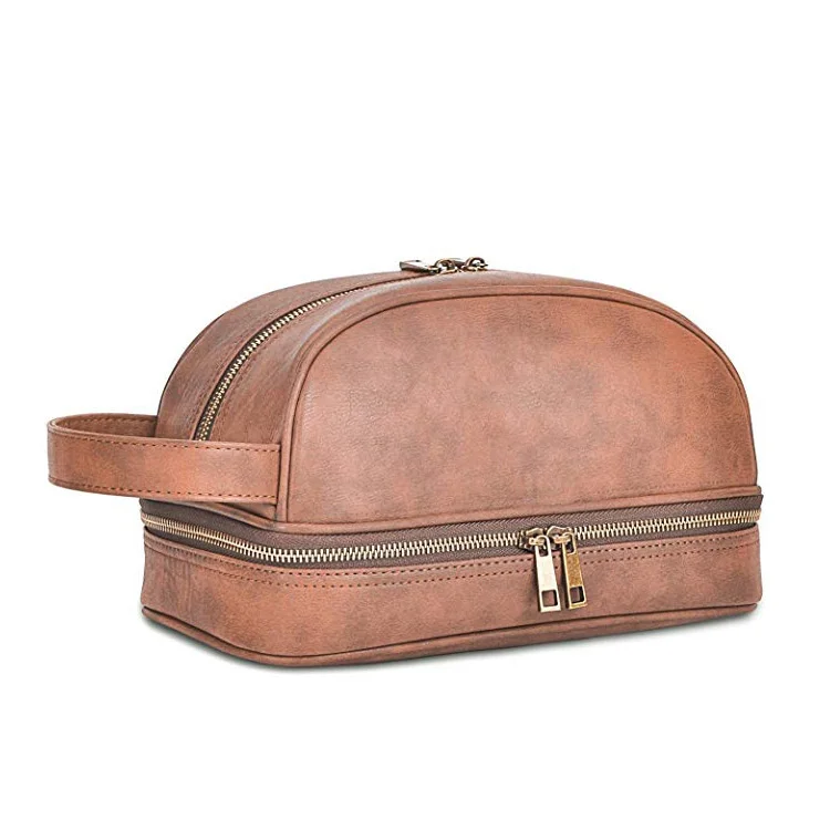 Double Layer Vintage Leather Travel Toiletry Bag For Men Wholesale