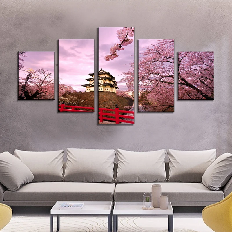 Japanese Cherry Blossoms And Temple Scenery Painting Canvas Wall Art ...