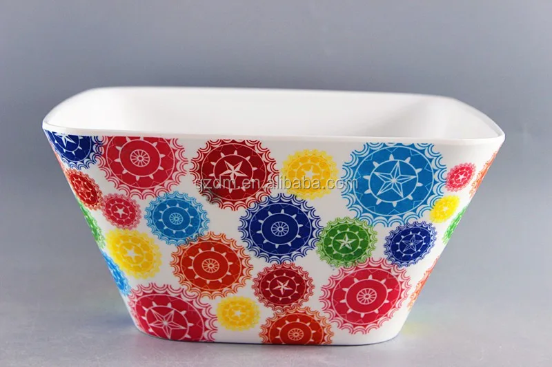 2 Sides Decal Print Melamine Square Bowl/Plastic Square Salad Bowl