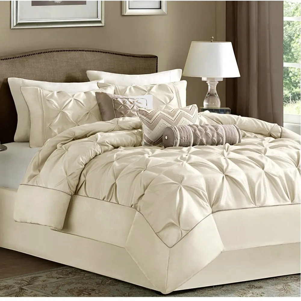 7 Piece Comforter Set Queen Size Ivory Luxury Modern Bedding on Clearance Sale