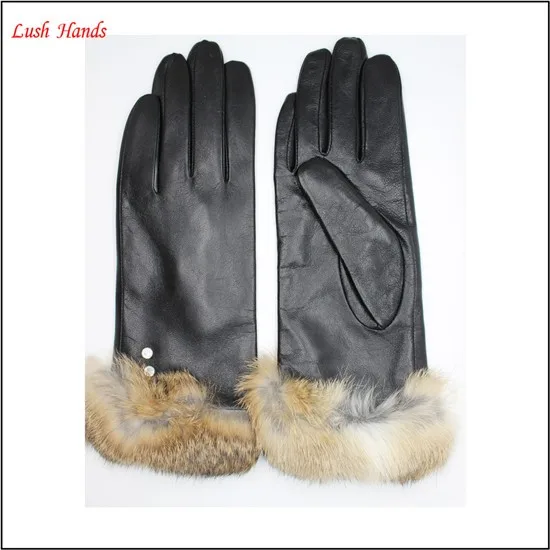 Women's lamb skin leather gloves with Fake fur cuff
