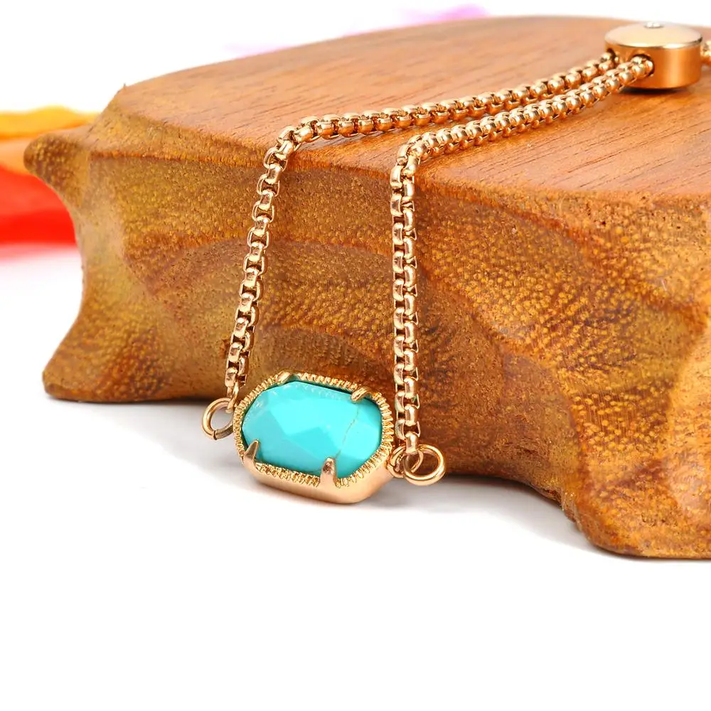 Fashion Jewelry Women Turquoise Stone Charm Gold Chain Adjustable Bracelet