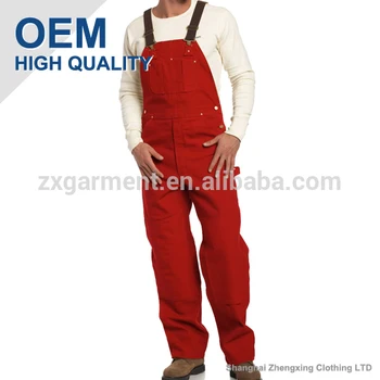 red denim overalls