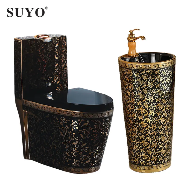 Chinesische sanitärkeramik wohnzimmer keramik boden ständer schwarz goldene farbe wc gold wc wc mit sockel becken