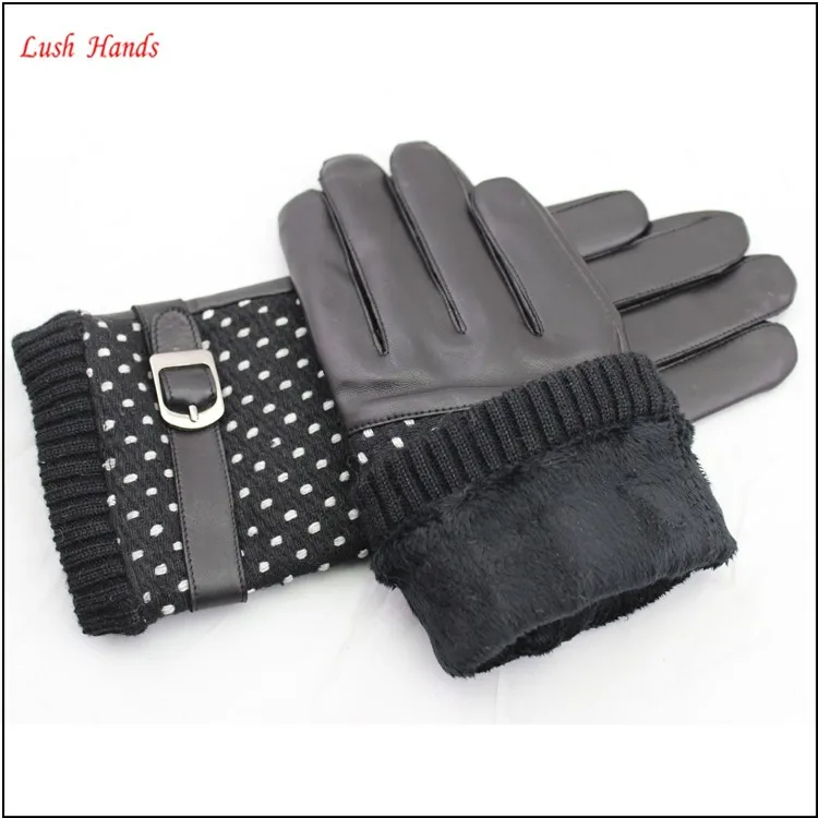 2016 laies new style touch screen leather gloves fabric ane leather stitching leather gloves with belt buckle