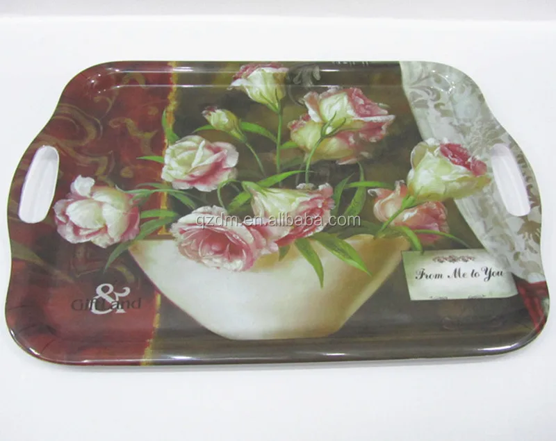 18 Inch Melamine Serving Tray With Flower Decal Print