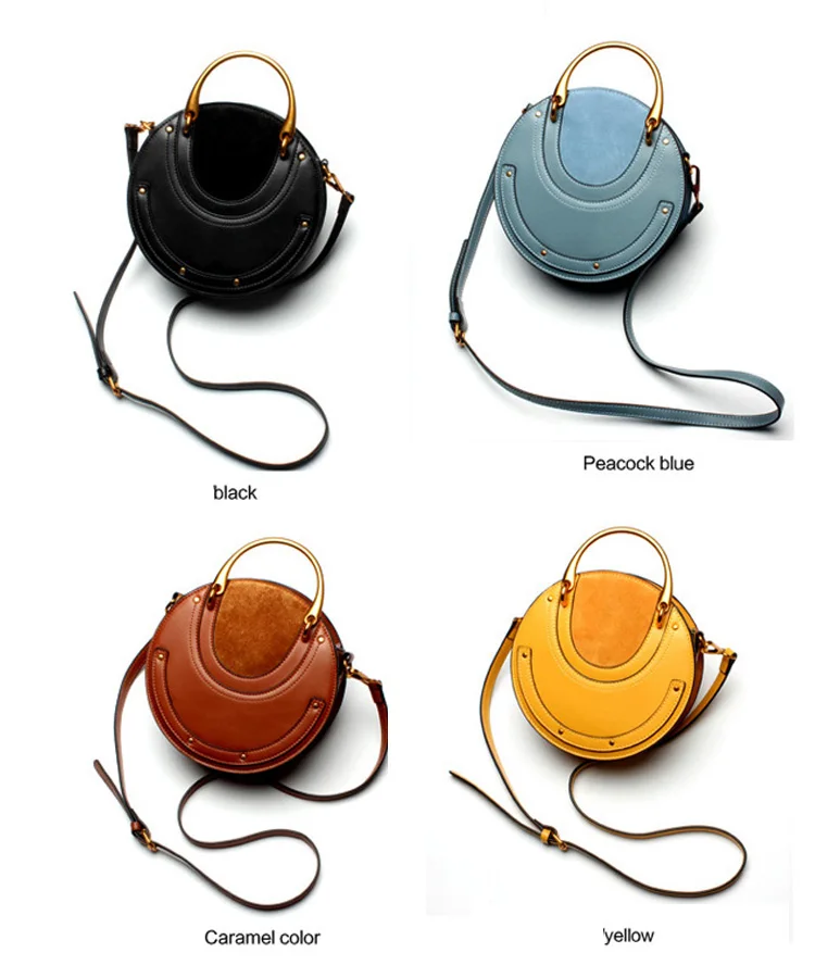 2019 Leather Fashion Handbags Retro Metal Handle Small Round Tote ...