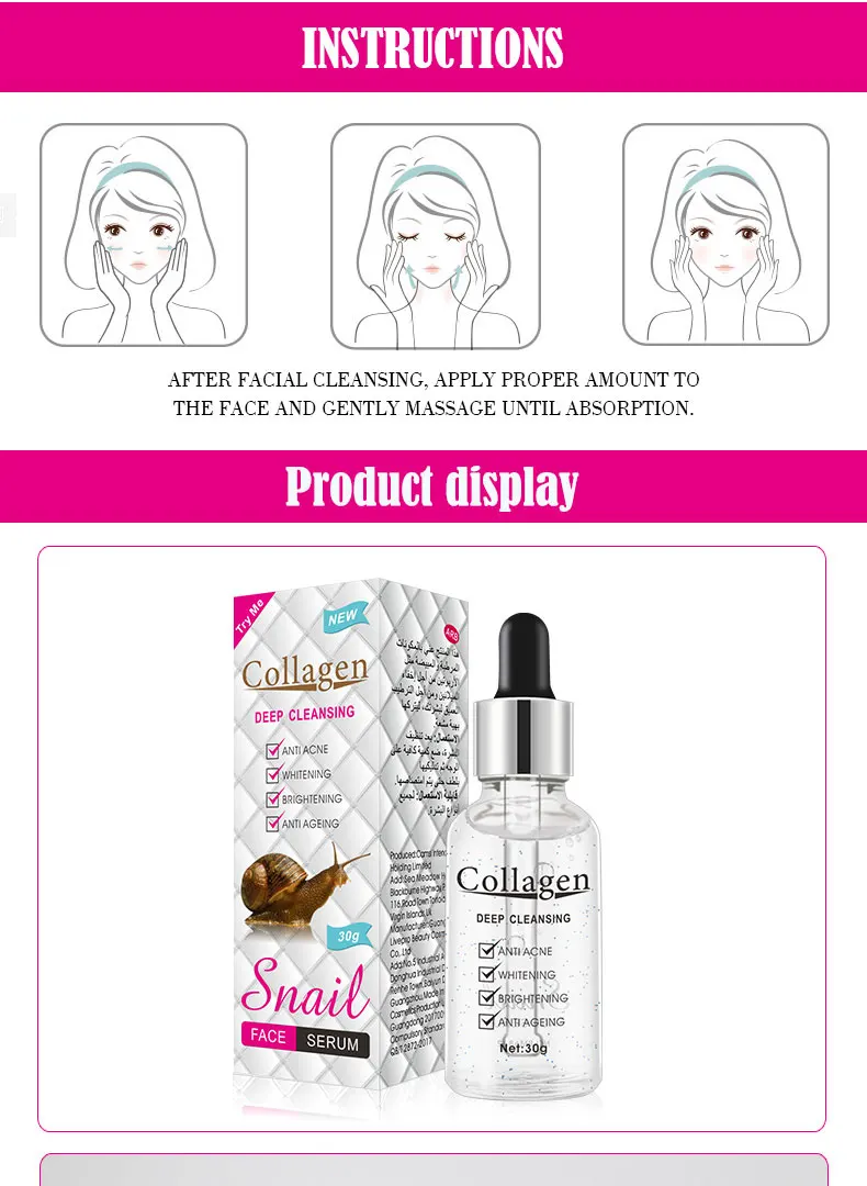 Organic Anti Aging Anti Acne Face Skin Care Serum Collagen Snail Repair Whitening Snail Serum For Face