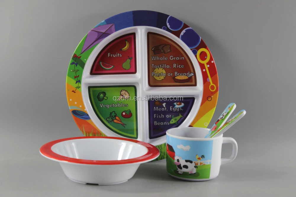 Children Melamine Dinner Set With Divided Plate/Bowl/Cup/Spoon/Fork